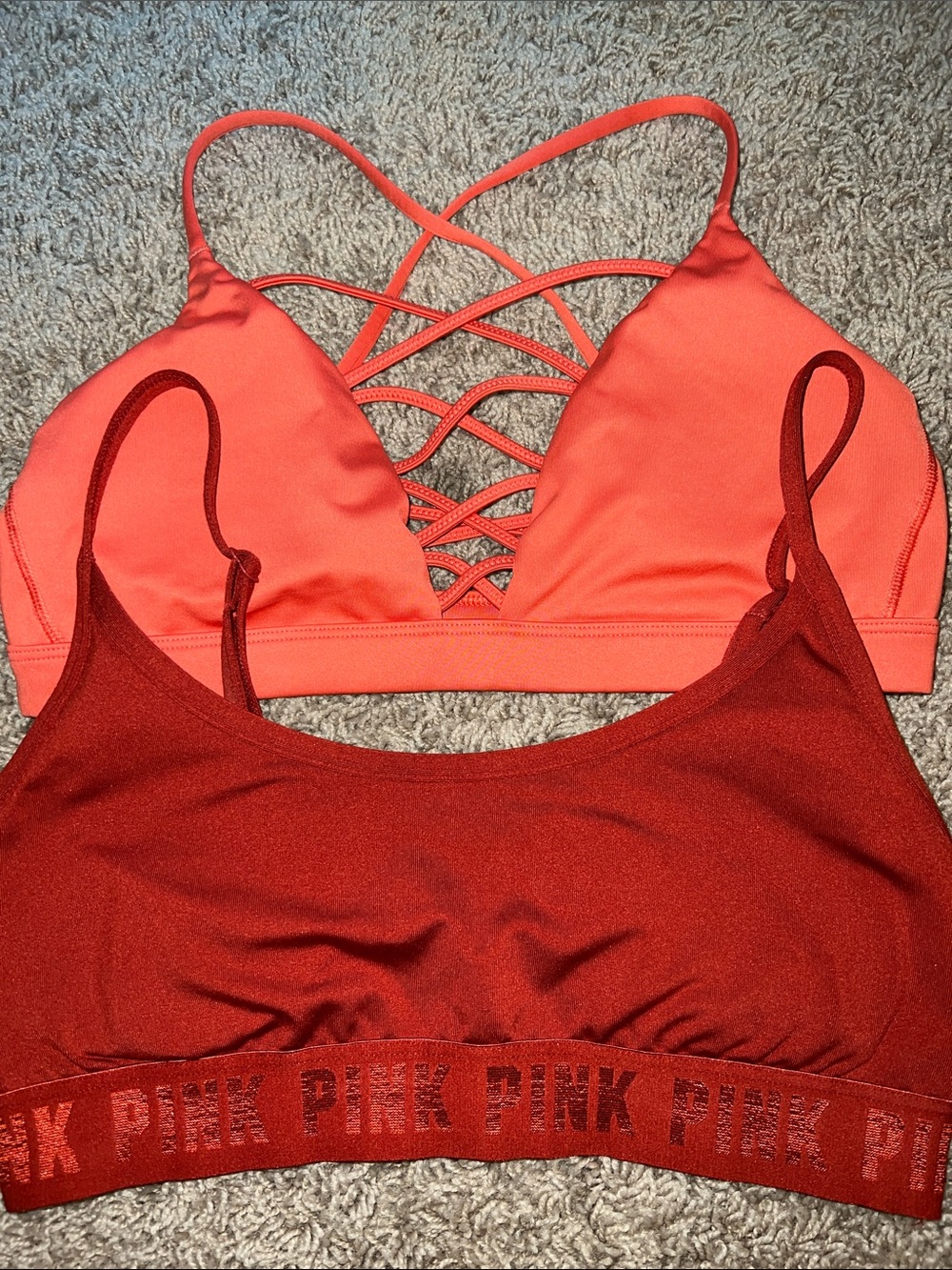 PINK Victoria's Secret Coral & Deep Red Strappy Bralette Duo